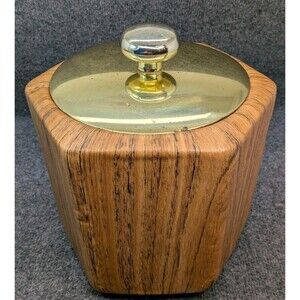 Kraftware Vintage Ice Bucket Faux Woodgrain Gold Tone Lid Mid Century Barware